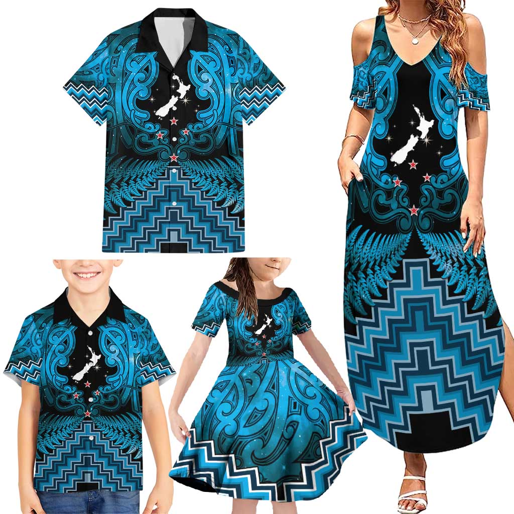 Personalised Aotearoa Matariki Family Matching Summer Maxi Dress and Hawaiian Shirt Turquoise Fern Maori Poutama LT01 - Polynesian Pride