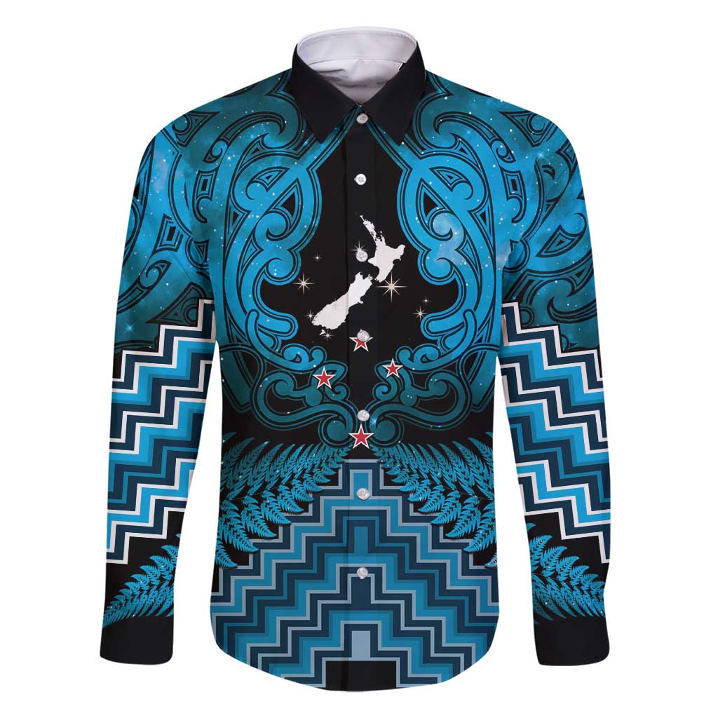 Personalised Aotearoa Matariki Family Matching Summer Maxi Dress and Hawaiian Shirt Turquoise Fern Maori Poutama LT01 Dad's Shirt - Long Sleeve Turquoise - Polynesian Pride