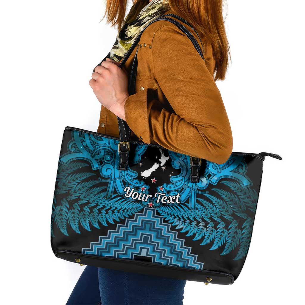 Personalised Aotearoa Matariki Leather Tote Bag Turquoise Fern Maori Poutama