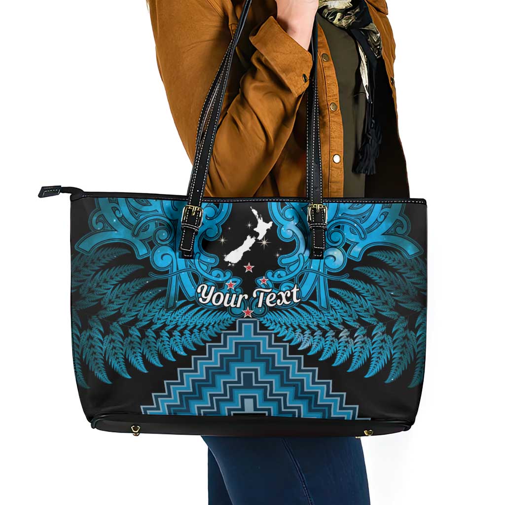 Personalised Aotearoa Matariki Leather Tote Bag Turquoise Fern Maori Poutama