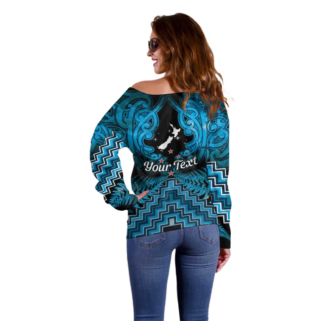 Personalised Aotearoa Matariki Off Shoulder Sweater Turquoise Fern Maori Poutama