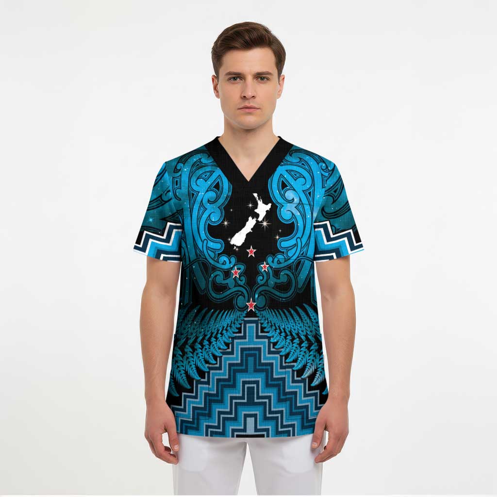 Personalised Aotearoa Matariki Scrub Top Turquoise Fern Maori Poutama - Polynesian Pride