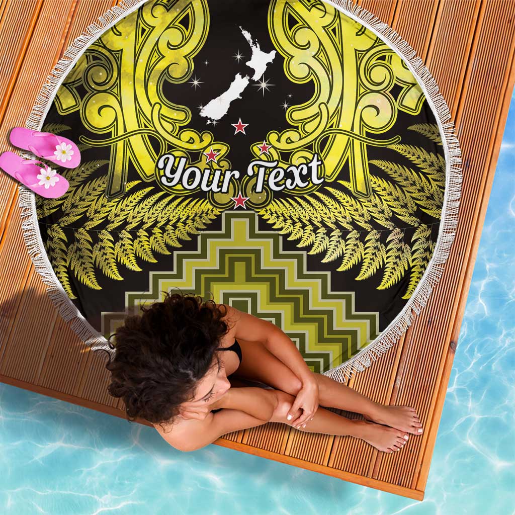 Personalised Aotearoa Matariki Beach Blanket Yellow Fern Maori Poutama