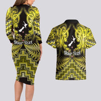 Personalised Aotearoa Matariki Couples Matching Long Sleeve Bodycon Dress and Hawaiian Shirt Yellow Fern Maori Poutama