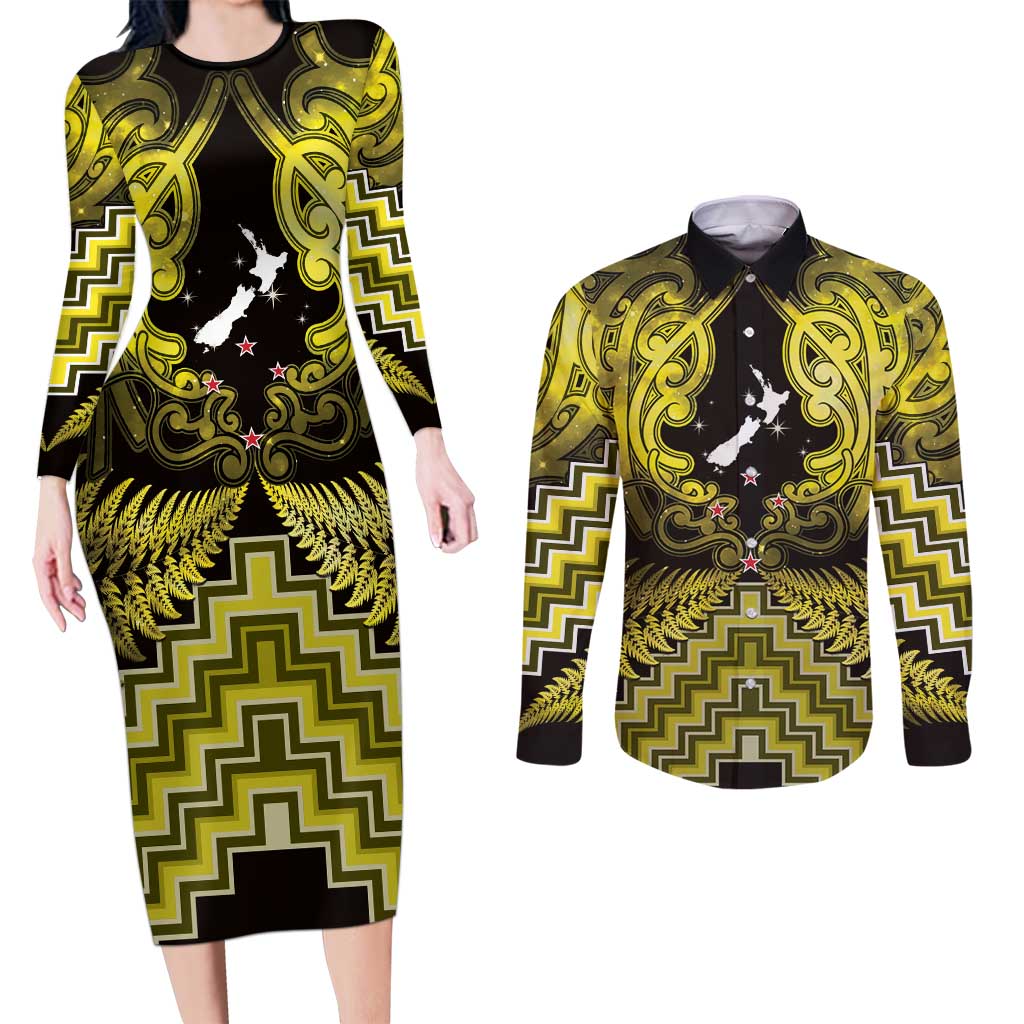 Personalised Aotearoa Matariki Couples Matching Long Sleeve Bodycon Dress and Long Sleeve Button Shirt Yellow Fern Maori Poutama
