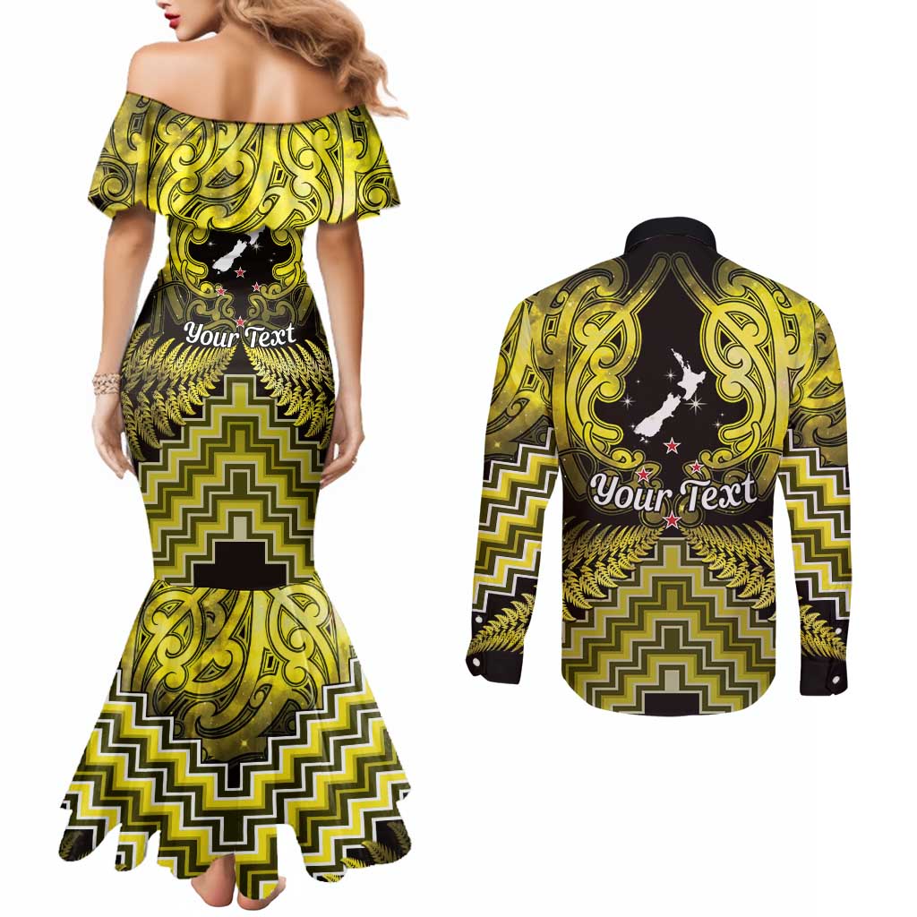 Personalised Aotearoa Matariki Couples Matching Mermaid Dress and Long Sleeve Button Shirt Yellow Fern Maori Poutama