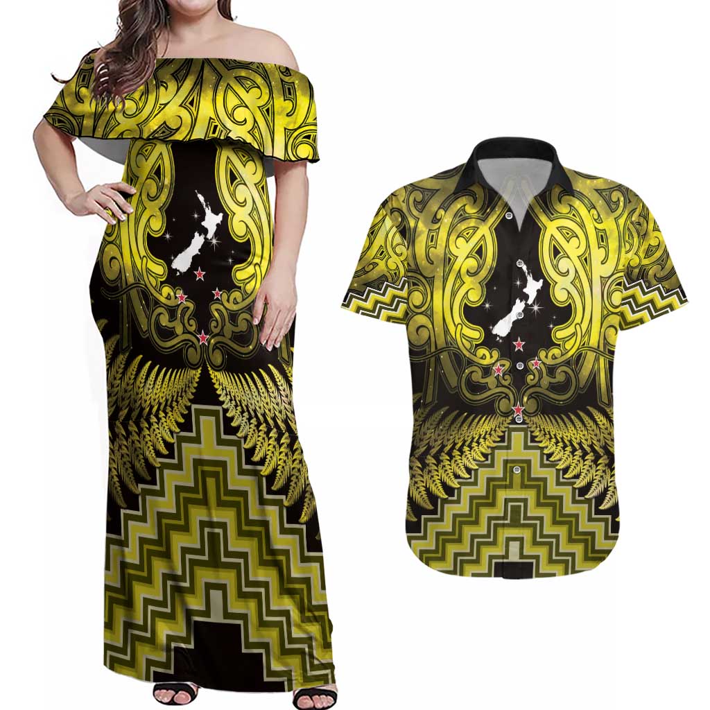 Personalised Aotearoa Matariki Couples Matching Off Shoulder Maxi Dress and Hawaiian Shirt Yellow Fern Maori Poutama