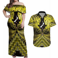 Personalised Aotearoa Matariki Couples Matching Off Shoulder Maxi Dress and Hawaiian Shirt Yellow Fern Maori Poutama