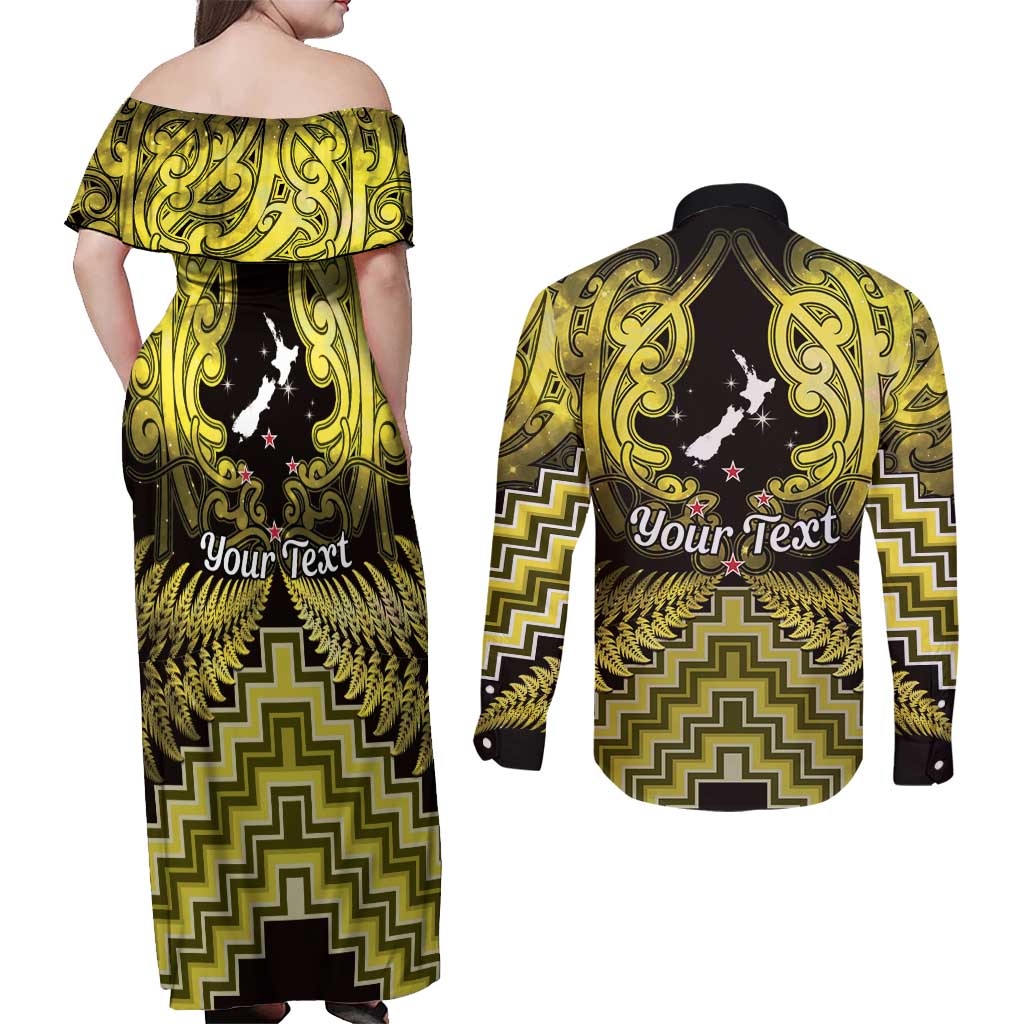 Personalised Aotearoa Matariki Couples Matching Off Shoulder Maxi Dress and Long Sleeve Button Shirt Yellow Fern Maori Poutama
