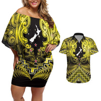 Personalised Aotearoa Matariki Couples Matching Off Shoulder Short Dress and Hawaiian Shirt Yellow Fern Maori Poutama