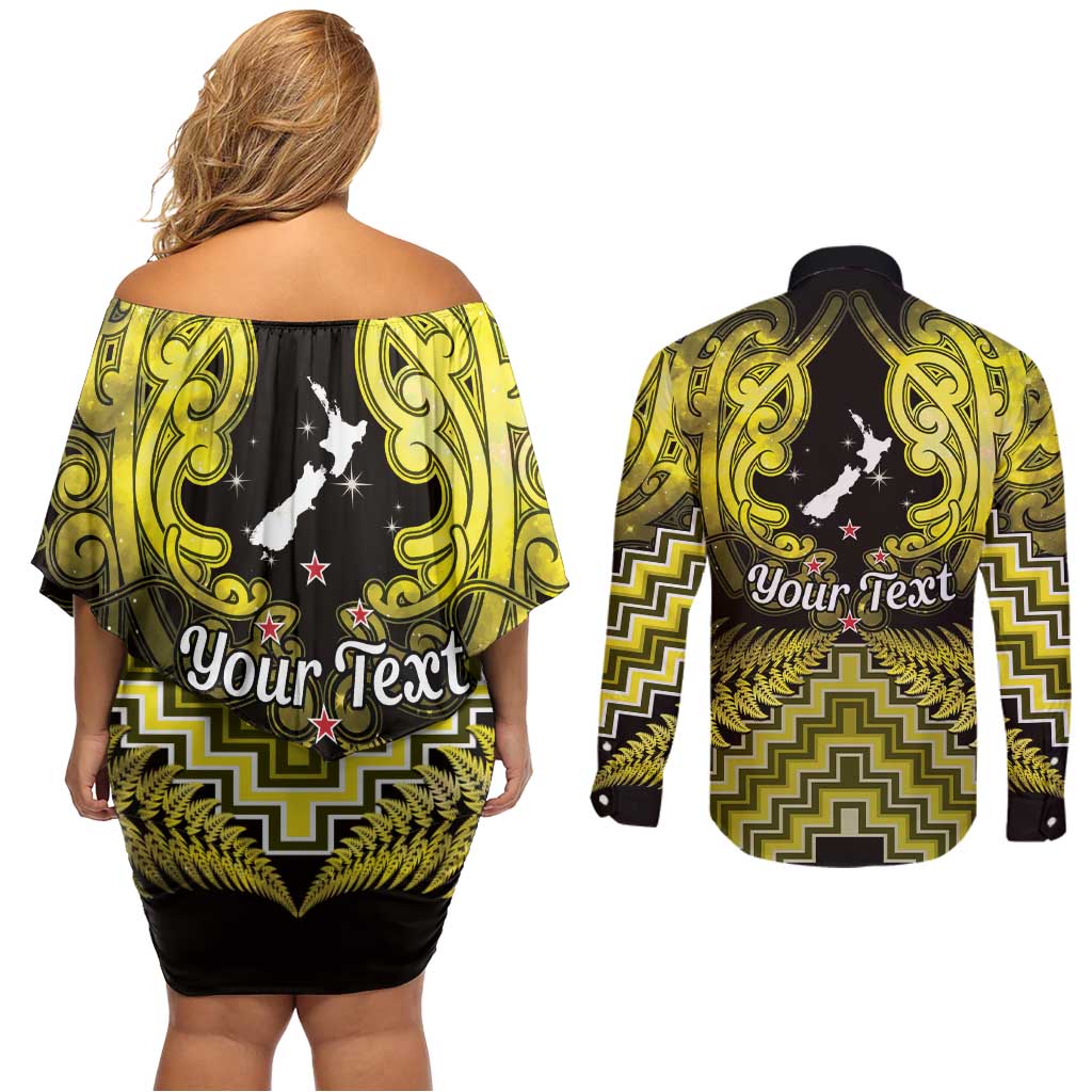 Personalised Aotearoa Matariki Couples Matching Off Shoulder Short Dress and Long Sleeve Button Shirt Yellow Fern Maori Poutama