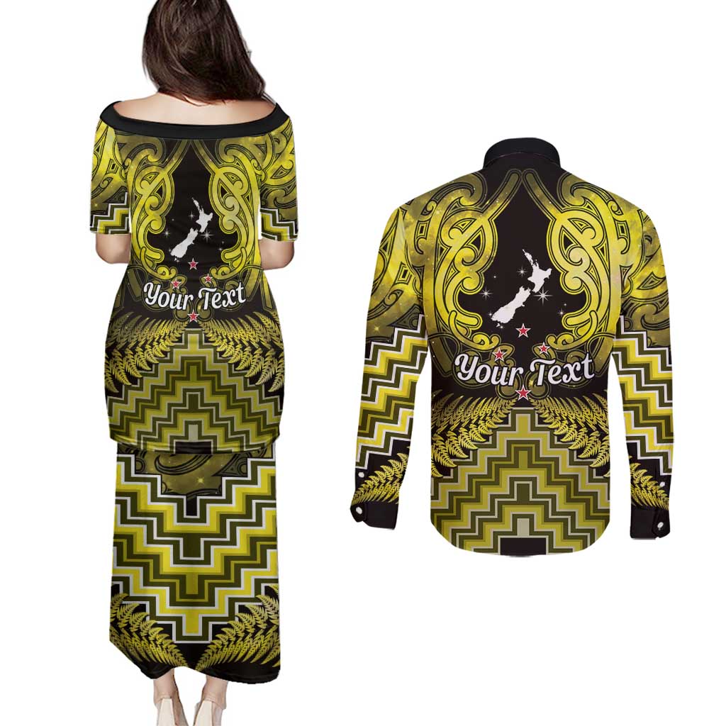 Personalised Aotearoa Matariki Couples Matching Puletasi and Long Sleeve Button Shirt Yellow Fern Maori Poutama