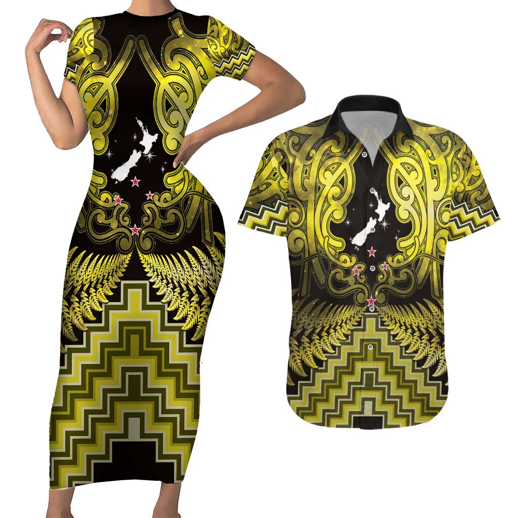 Personalised Aotearoa Matariki Couples Matching Short Sleeve Bodycon Dress and Hawaiian Shirt Yellow Fern Maori Poutama