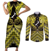 Personalised Aotearoa Matariki Couples Matching Short Sleeve Bodycon Dress and Long Sleeve Button Shirt Yellow Fern Maori Poutama