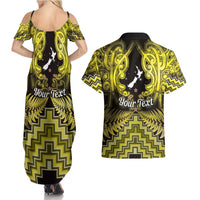 Personalised Aotearoa Matariki Couples Matching Summer Maxi Dress and Hawaiian Shirt Yellow Fern Maori Poutama