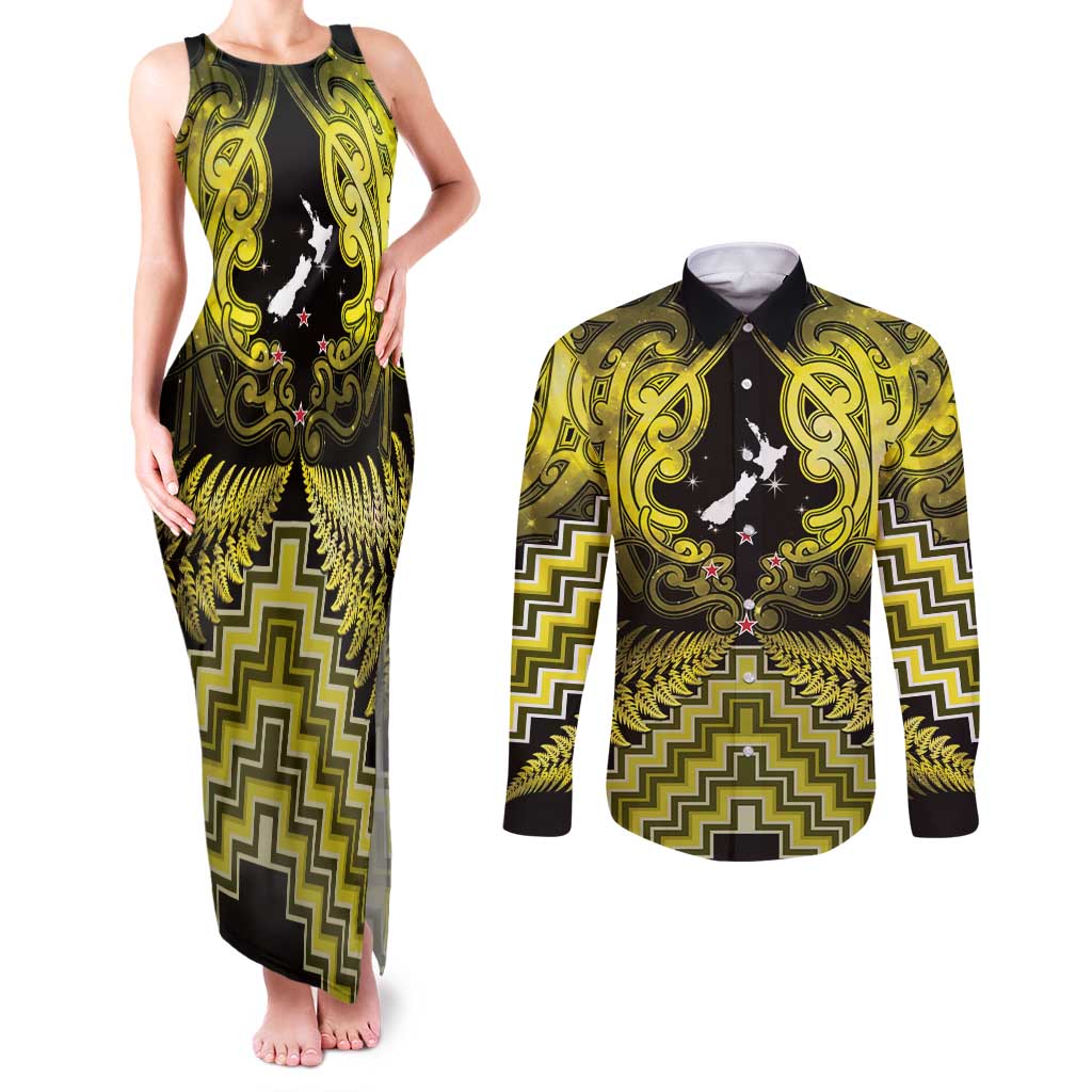 Personalised Aotearoa Matariki Couples Matching Tank Maxi Dress and Long Sleeve Button Shirt Yellow Fern Maori Poutama