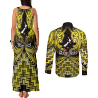 Personalised Aotearoa Matariki Couples Matching Tank Maxi Dress and Long Sleeve Button Shirt Yellow Fern Maori Poutama