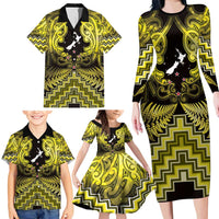 Personalised Aotearoa Matariki Family Matching Long Sleeve Bodycon Dress and Hawaiian Shirt Yellow Fern Maori Poutama