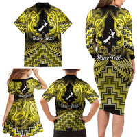 Personalised Aotearoa Matariki Family Matching Long Sleeve Bodycon Dress and Hawaiian Shirt Yellow Fern Maori Poutama