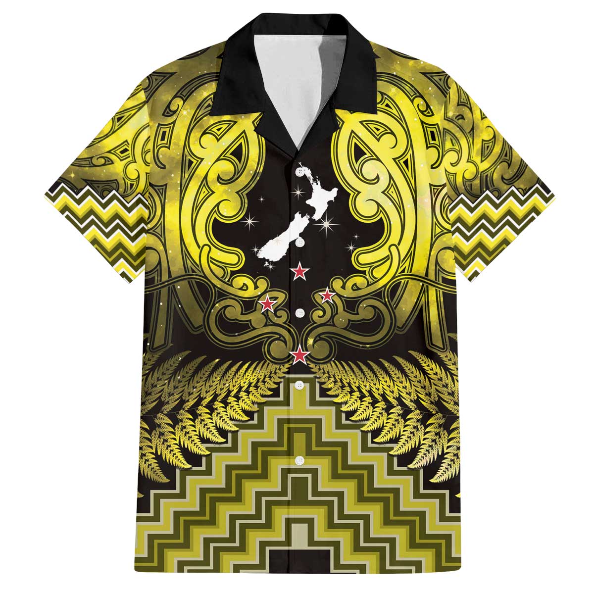 Personalised Aotearoa Matariki Family Matching Off The Shoulder Long Sleeve Dress and Hawaiian Shirt Yellow Fern Maori Poutama