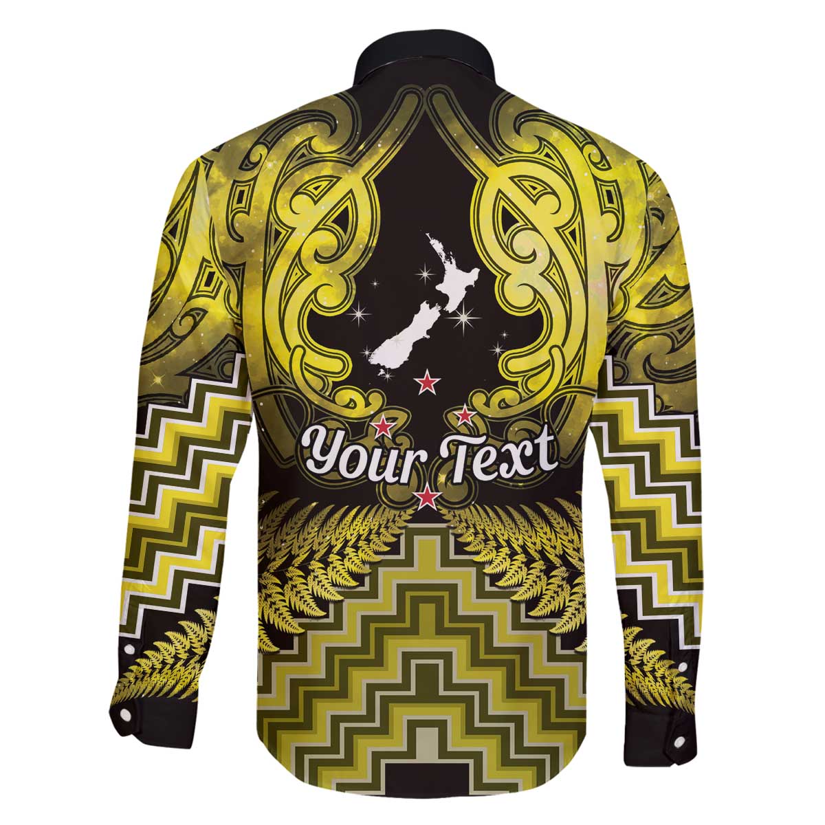 Personalised Aotearoa Matariki Family Matching Off The Shoulder Long Sleeve Dress and Hawaiian Shirt Yellow Fern Maori Poutama