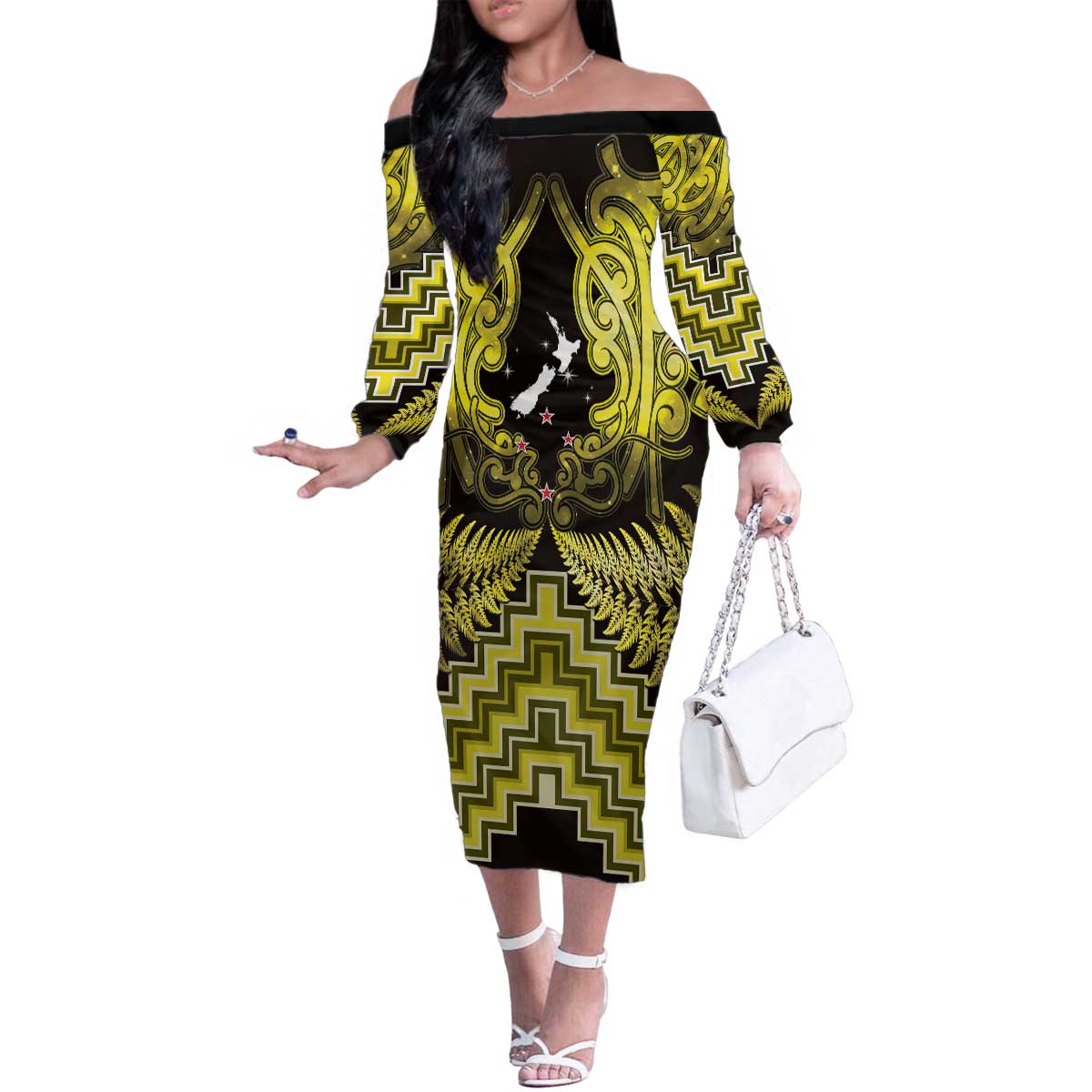 Personalised Aotearoa Matariki Family Matching Off The Shoulder Long Sleeve Dress and Hawaiian Shirt Yellow Fern Maori Poutama