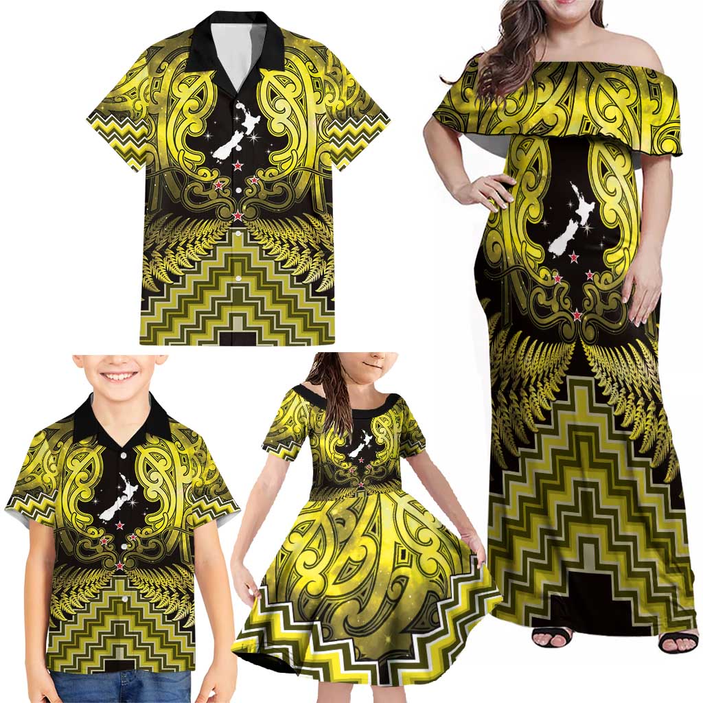 Personalised Aotearoa Matariki Family Matching Off Shoulder Maxi Dress and Hawaiian Shirt Yellow Fern Maori Poutama