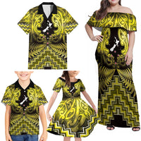 Personalised Aotearoa Matariki Family Matching Off Shoulder Maxi Dress and Hawaiian Shirt Yellow Fern Maori Poutama