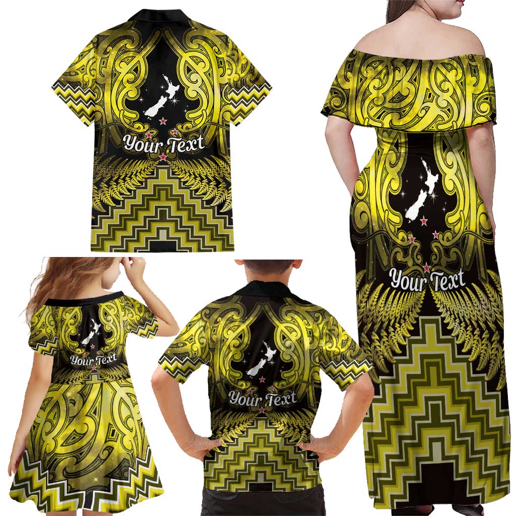Personalised Aotearoa Matariki Family Matching Off Shoulder Maxi Dress and Hawaiian Shirt Yellow Fern Maori Poutama
