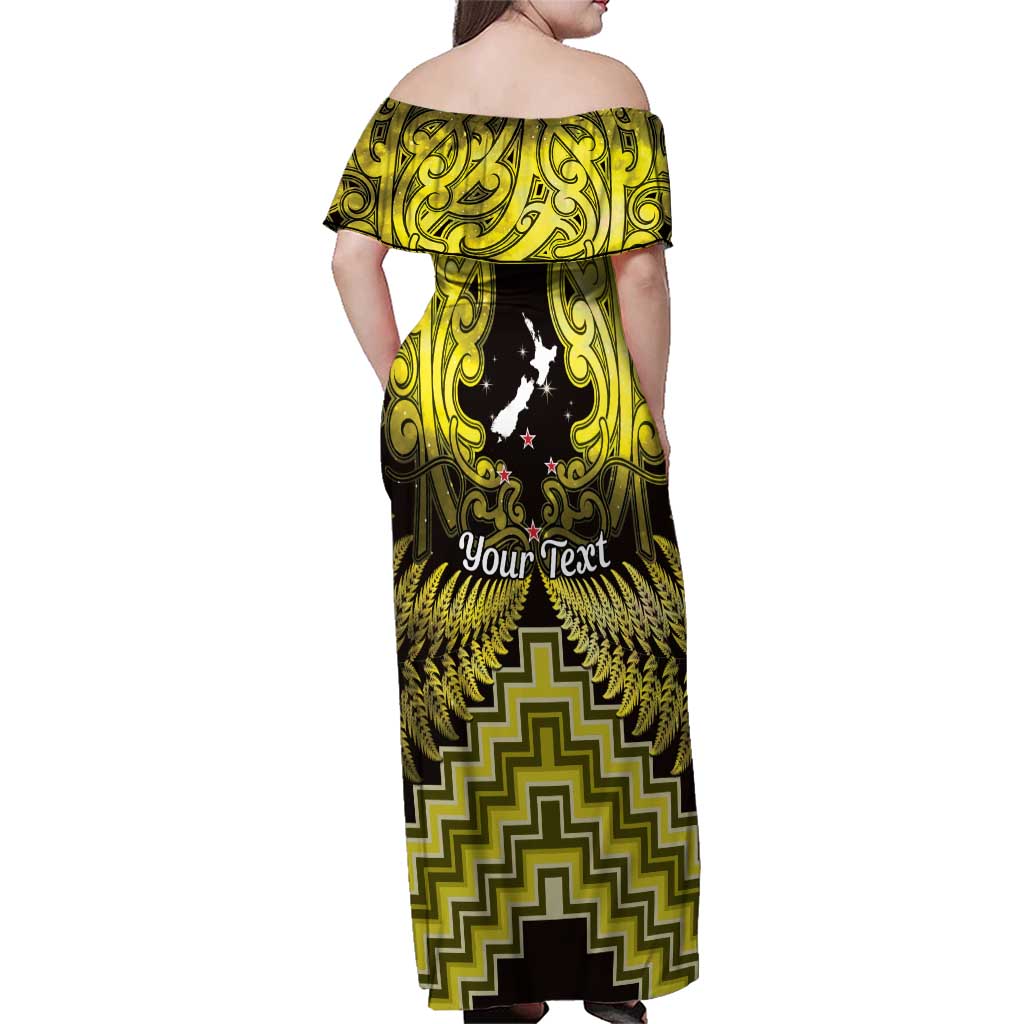 Personalised Aotearoa Matariki Family Matching Off Shoulder Maxi Dress and Hawaiian Shirt Yellow Fern Maori Poutama