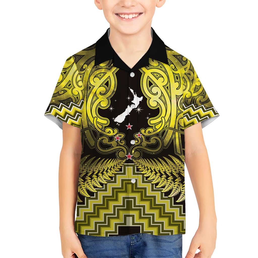 Personalised Aotearoa Matariki Family Matching Off Shoulder Maxi Dress and Hawaiian Shirt Yellow Fern Maori Poutama
