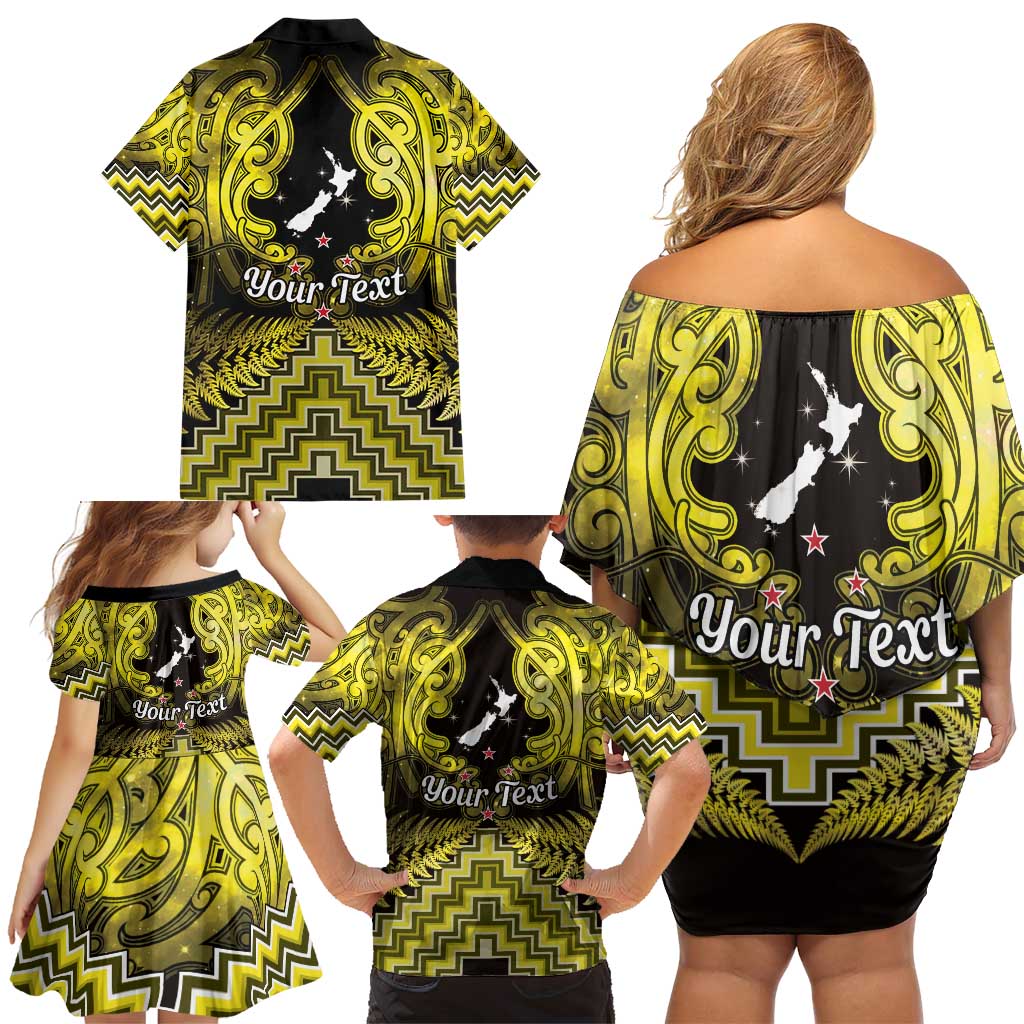 Personalised Aotearoa Matariki Family Matching Off Shoulder Short Dress and Hawaiian Shirt Yellow Fern Maori Poutama