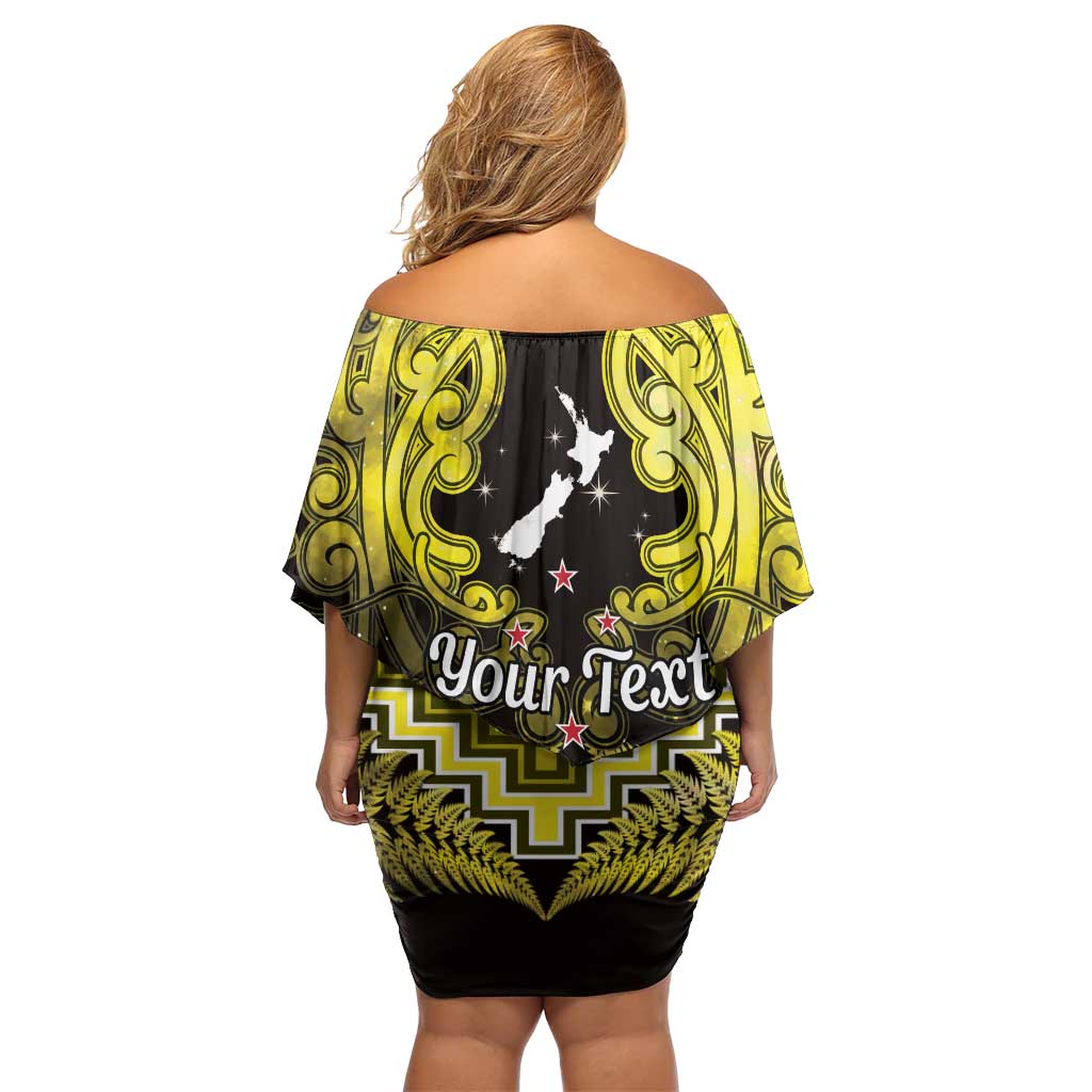 Personalised Aotearoa Matariki Family Matching Off Shoulder Short Dress and Hawaiian Shirt Yellow Fern Maori Poutama