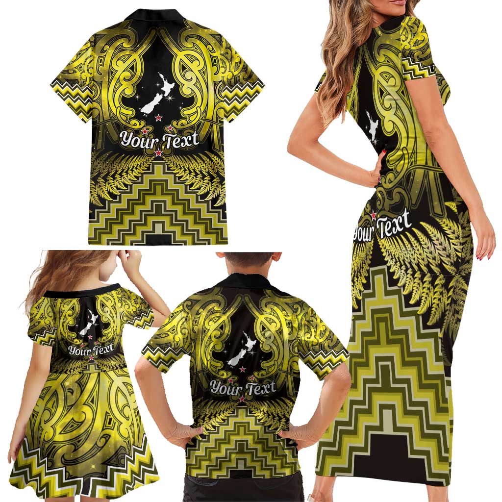 Personalised Aotearoa Matariki Family Matching Short Sleeve Bodycon Dress and Hawaiian Shirt Yellow Fern Maori Poutama