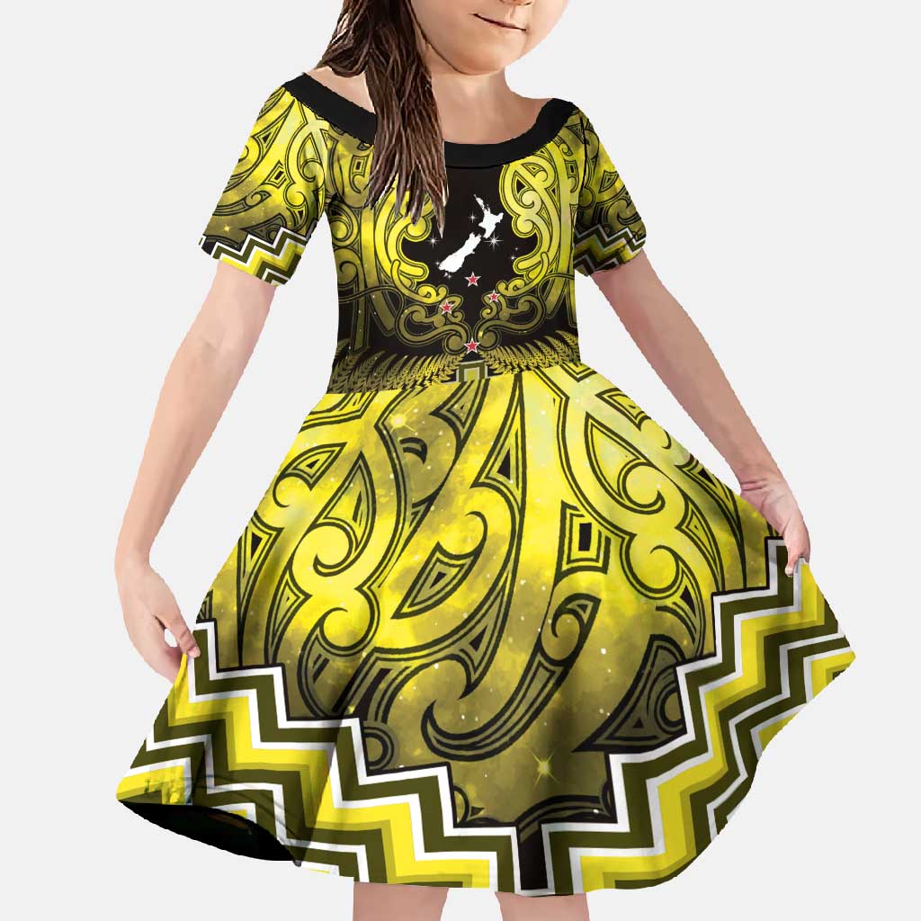 Personalised Aotearoa Matariki Family Matching Summer Maxi Dress and Hawaiian Shirt Yellow Fern Maori Poutama LT01 Daughter's Dress Yellow - Polynesian Pride