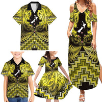 Personalised Aotearoa Matariki Family Matching Summer Maxi Dress and Hawaiian Shirt Yellow Fern Maori Poutama LT01 - Polynesian Pride