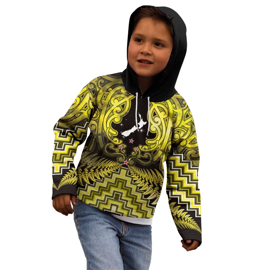 Personalised Aotearoa Matariki Kid Hoodie Yellow Fern Maori Poutama