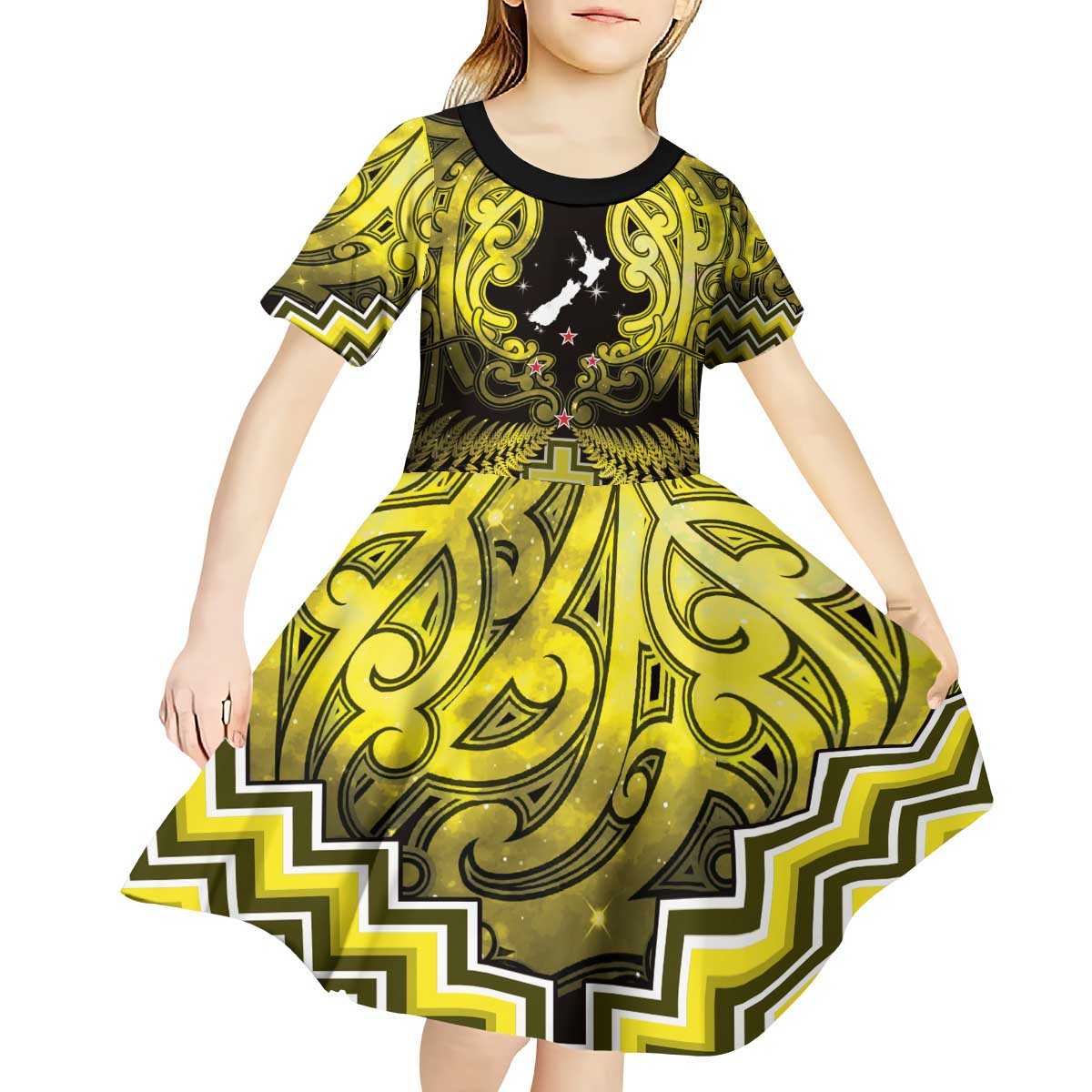 Personalised Aotearoa Matariki Kid Short Sleeve Dress Yellow Fern Maori Poutama