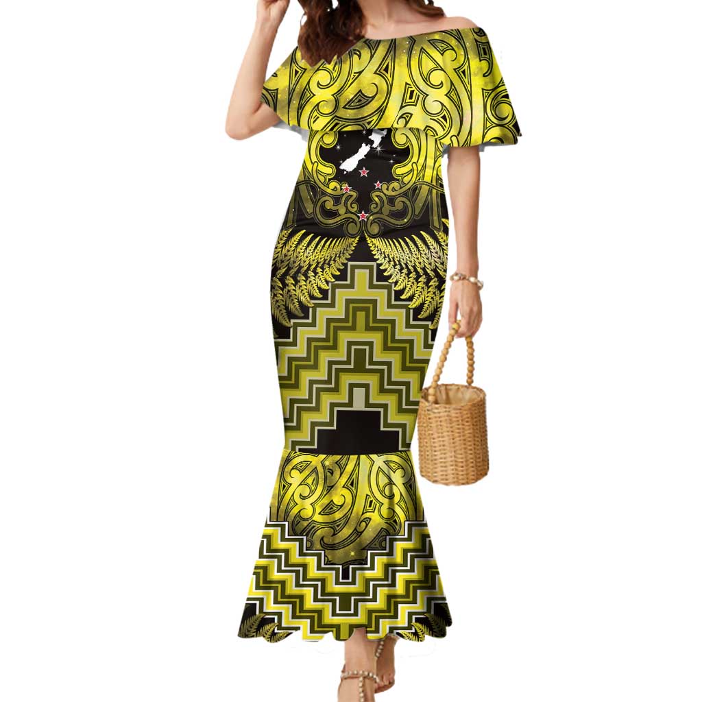 Personalised Aotearoa Matariki Mermaid Dress Yellow Fern Maori Poutama
