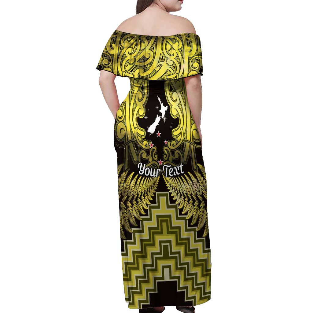 Personalised Aotearoa Matariki Off Shoulder Maxi Dress Yellow Fern Maori Poutama