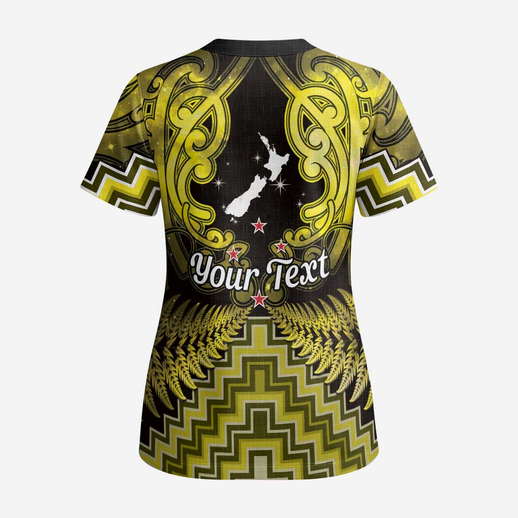 Personalised Aotearoa Matariki Scrub Top Yellow Fern Maori Poutama - Polynesian Pride