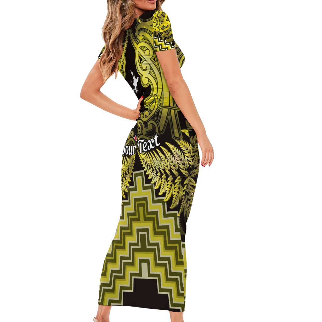 Personalised Aotearoa Matariki Short Sleeve Bodycon Dress Yellow Fern Maori Poutama