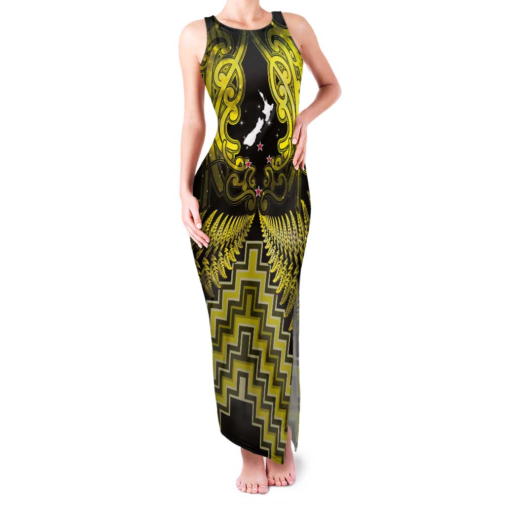 Personalised Aotearoa Matariki Tank Maxi Dress Yellow Fern Maori Poutama