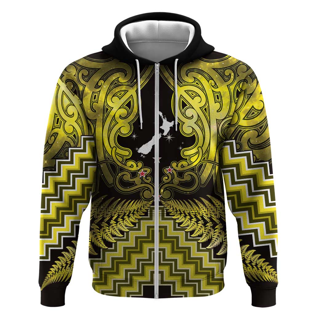 Personalised Aotearoa Matariki Zip Hoodie Yellow Fern Maori Poutama