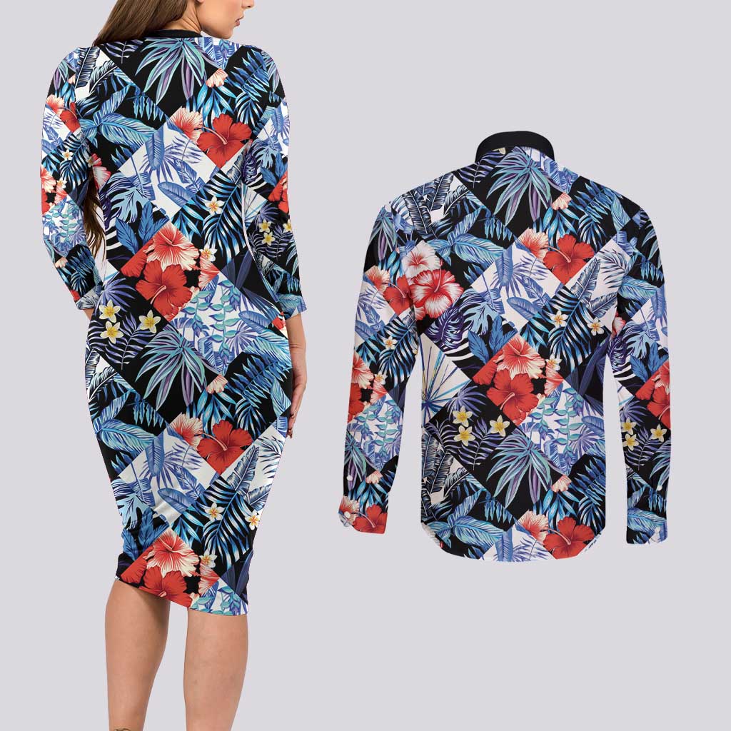 Hawaii Tropicana Blue Pattern Couples Matching Long Sleeve Bodycon Dress and Long Sleeve Button Shirt - Polynesian Pride
