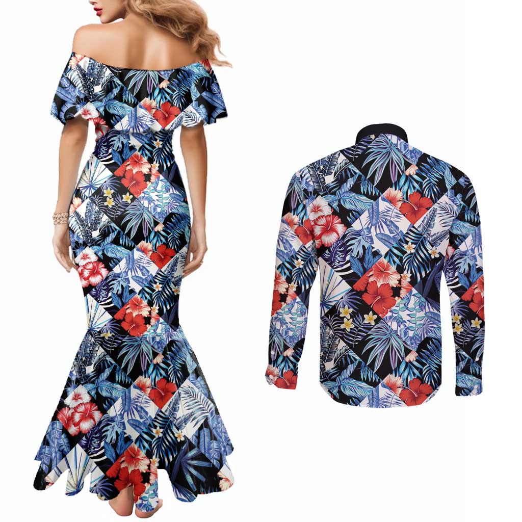 Hawaii Tropicana Blue Pattern Couples Matching Mermaid Dress and Long Sleeve Button Shirt LT01 - Polynesian Pride