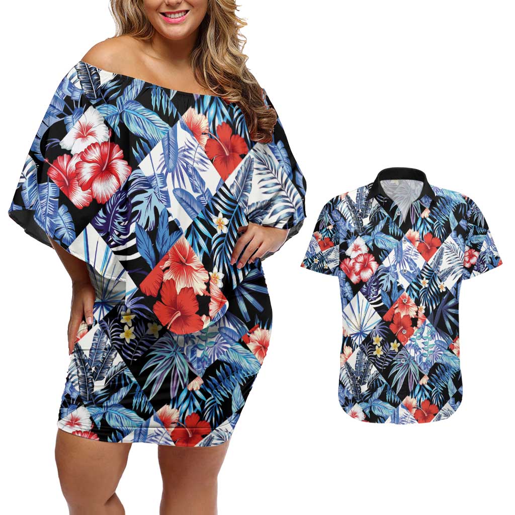 Hawaii Tropicana Blue Pattern Couples Matching Off Shoulder Short Dress and Hawaiian Shirt - Polynesian Pride