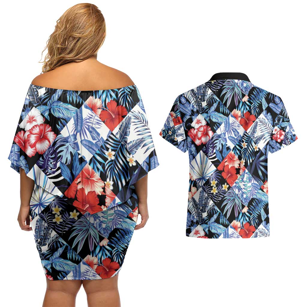 Hawaii Tropicana Blue Pattern Couples Matching Off Shoulder Short Dress and Hawaiian Shirt LT01 - Polynesian Pride