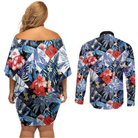 Hawaii Tropicana Blue Pattern Couples Matching Off Shoulder Short Dress and Long Sleeve Button Shirt LT01 - Polynesian Pride