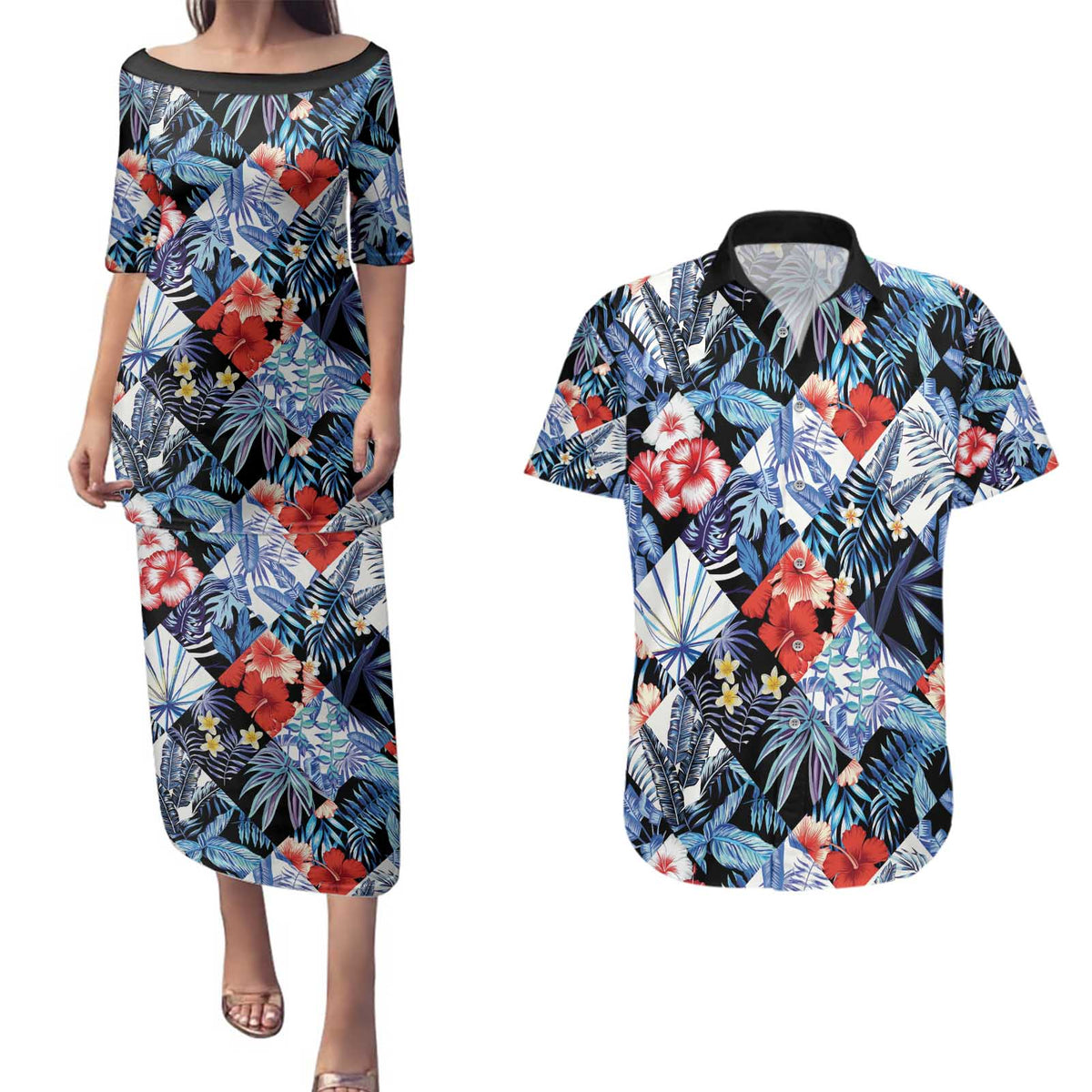 Hawaii Tropicana Blue Pattern Couples Matching Puletasi and Hawaiian Shirt - Polynesian Pride
